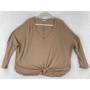 UO Out from Under‎ Shirt Womens Large Brown V-Neck Waffle Knit 3/4 Sleeve Casual